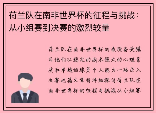 荷兰队在南非世界杯的征程与挑战：从小组赛到决赛的激烈较量
