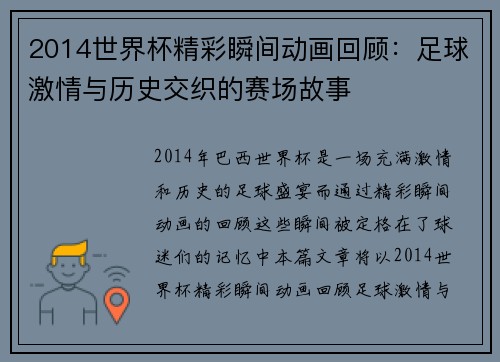 2014世界杯精彩瞬间动画回顾：足球激情与历史交织的赛场故事